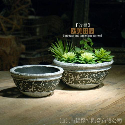 欧美乡村手工多肉拼盆黑色复古贴花经典大宽口粗红陶种植花盆批发